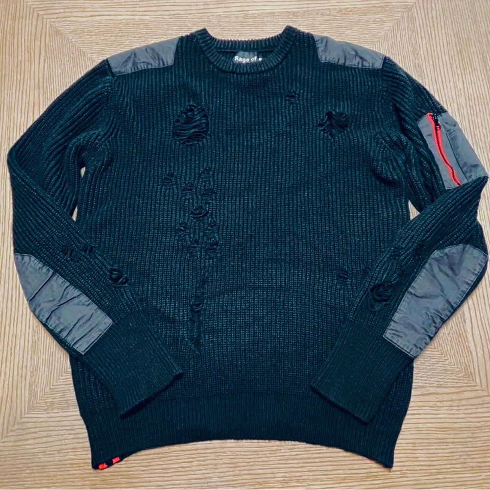 Rage Of A Rebellion Black Shredded Sweater Zip Side Edgy‎ Grungy Destroyed 2XL